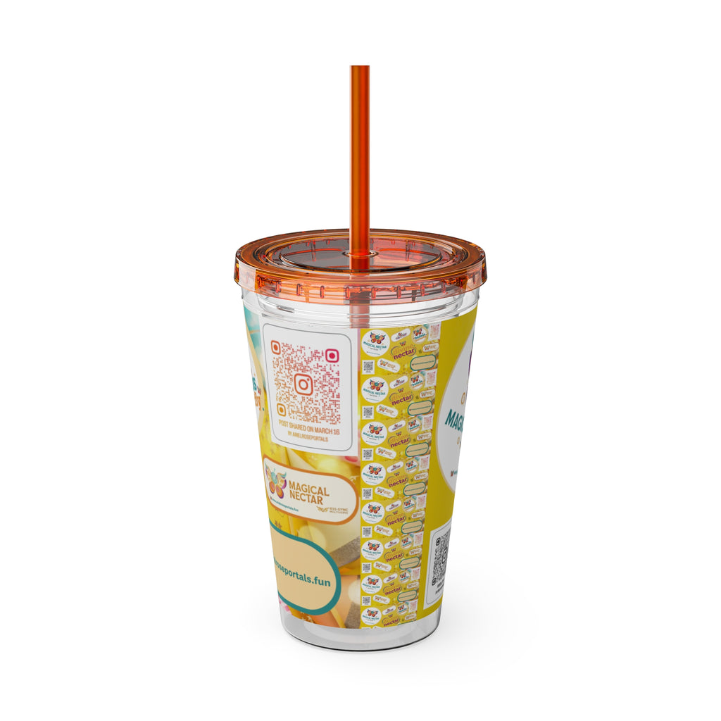 Bicchiere tumbler da 470 ml Sunsplash Ariel Rose Portals con cannuccia — Nettare magico e nettare divino, stoviglie giallo sole