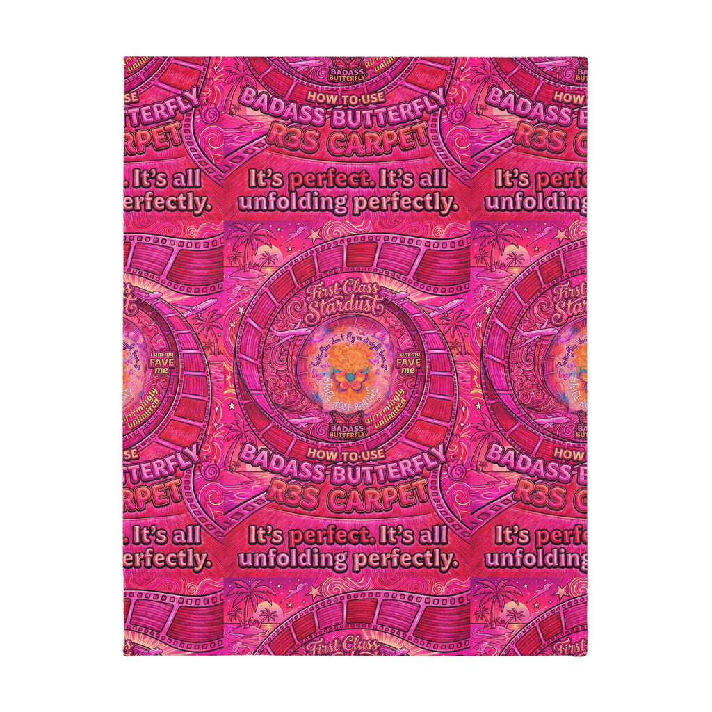 Two-Sided Velveteen R3S-Carpet Flight Path Cloak — Whimsical Butterflies & Bold Pink Collage