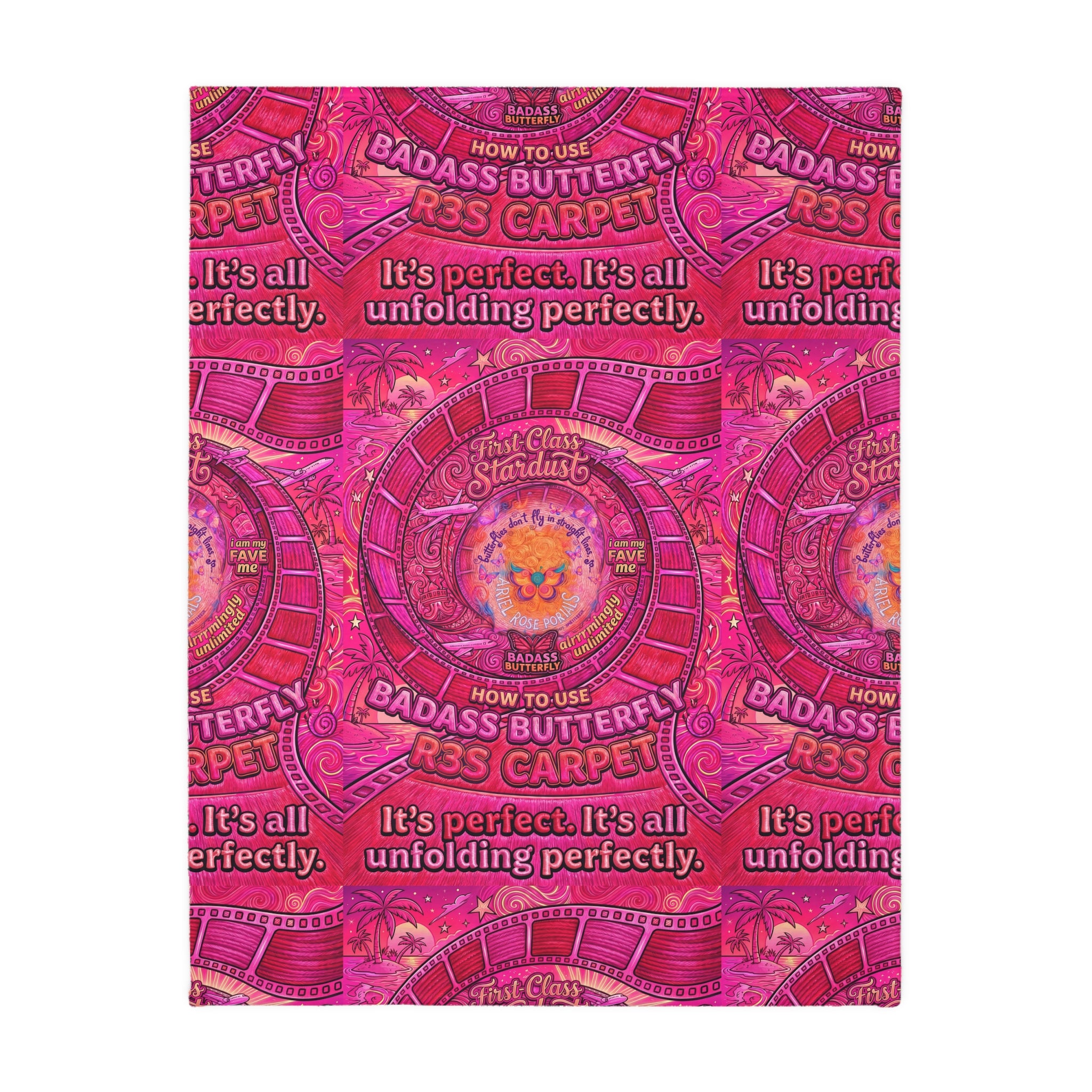 Two-Sided Velveteen R3S-Carpet Flight Path Cloak — Whimsical Butterflies & Bold Pink Collage