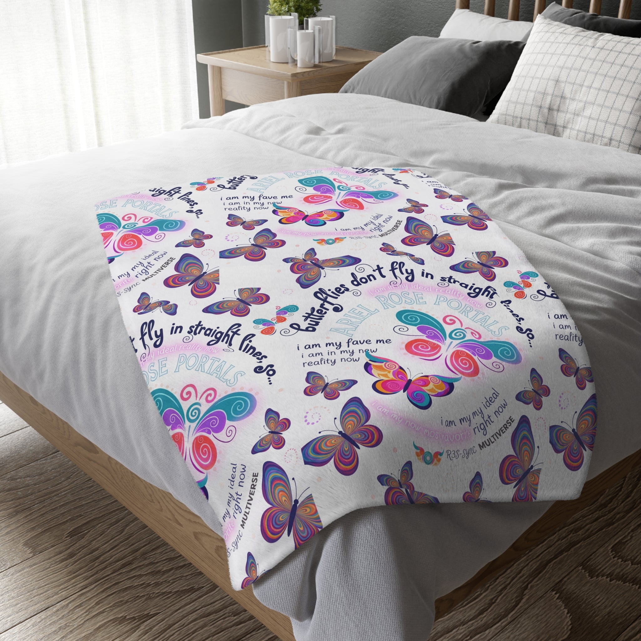 Two-Sided Velveteen R3S-Carpet Flight Path Cloak — Whimsical Butterflies & Bold Pink Collage