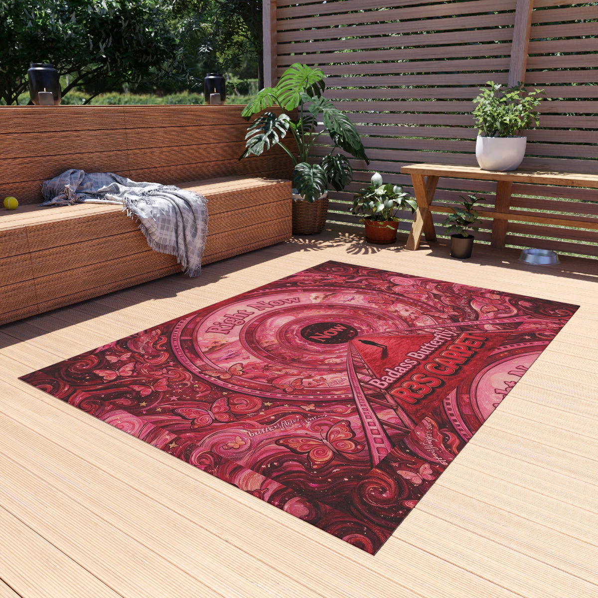 Badass Butterfly 'Right Now' R3S-Carpet Outdoor Rug — Red Boho Decorative Patio Mat