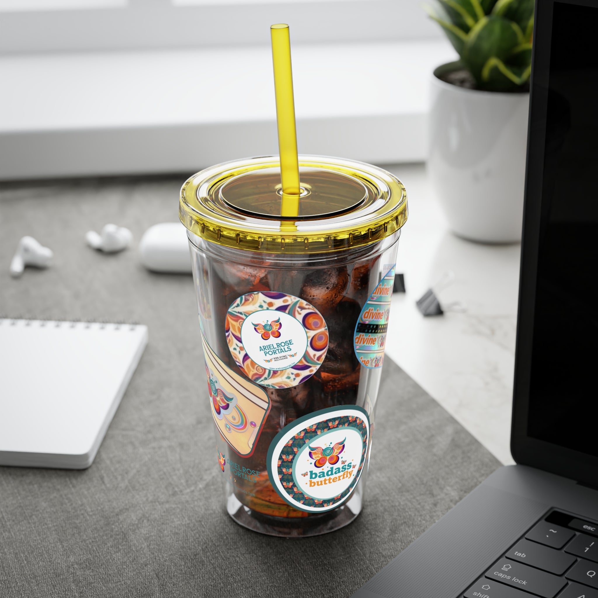 16 oz Sunsplash Tumbler with Straw — Retro Butterfly Sticker Design