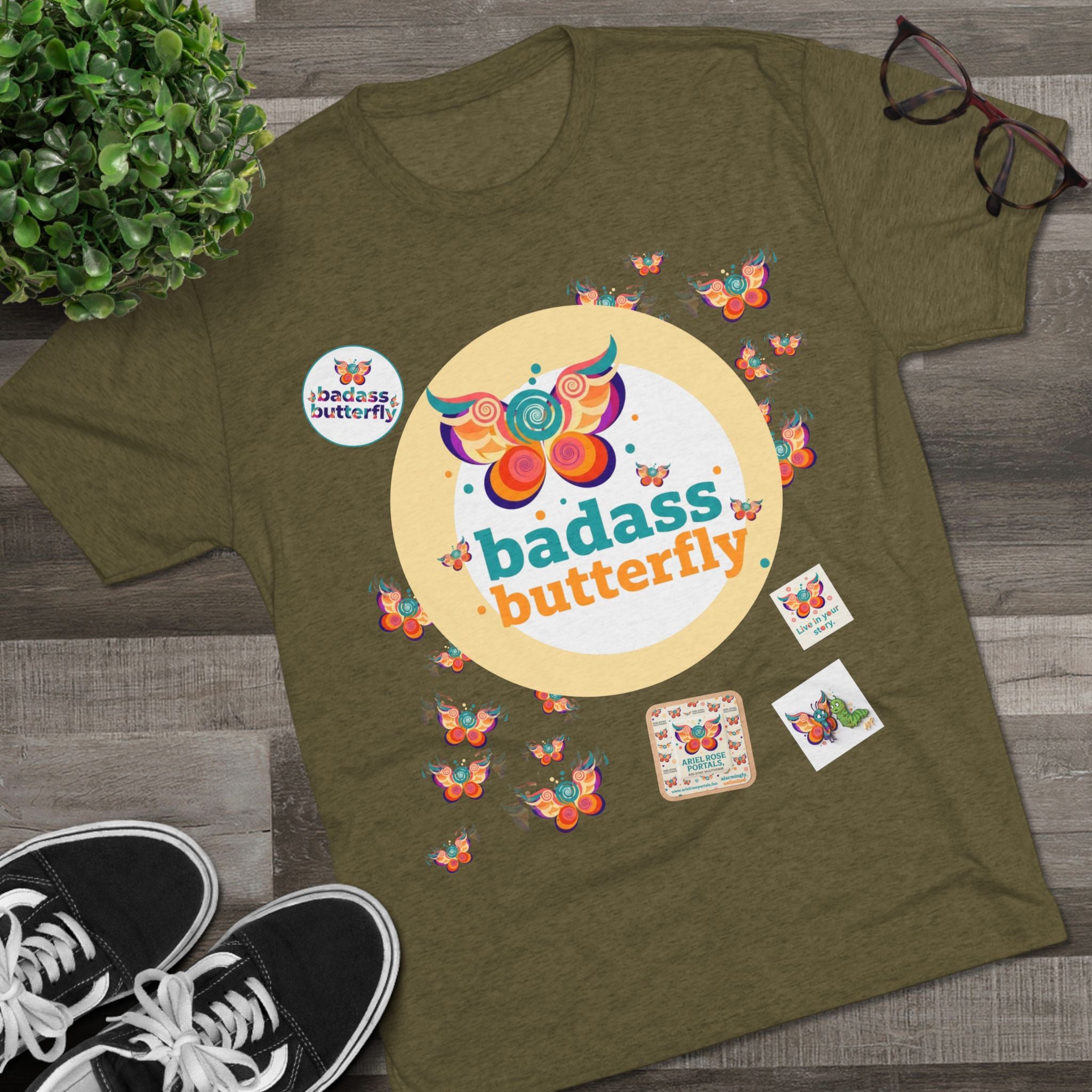 Badass Butterfly Vintage TriBlend Sticker Tee T-Shirt — Colorful Empowerment Graphic Tee