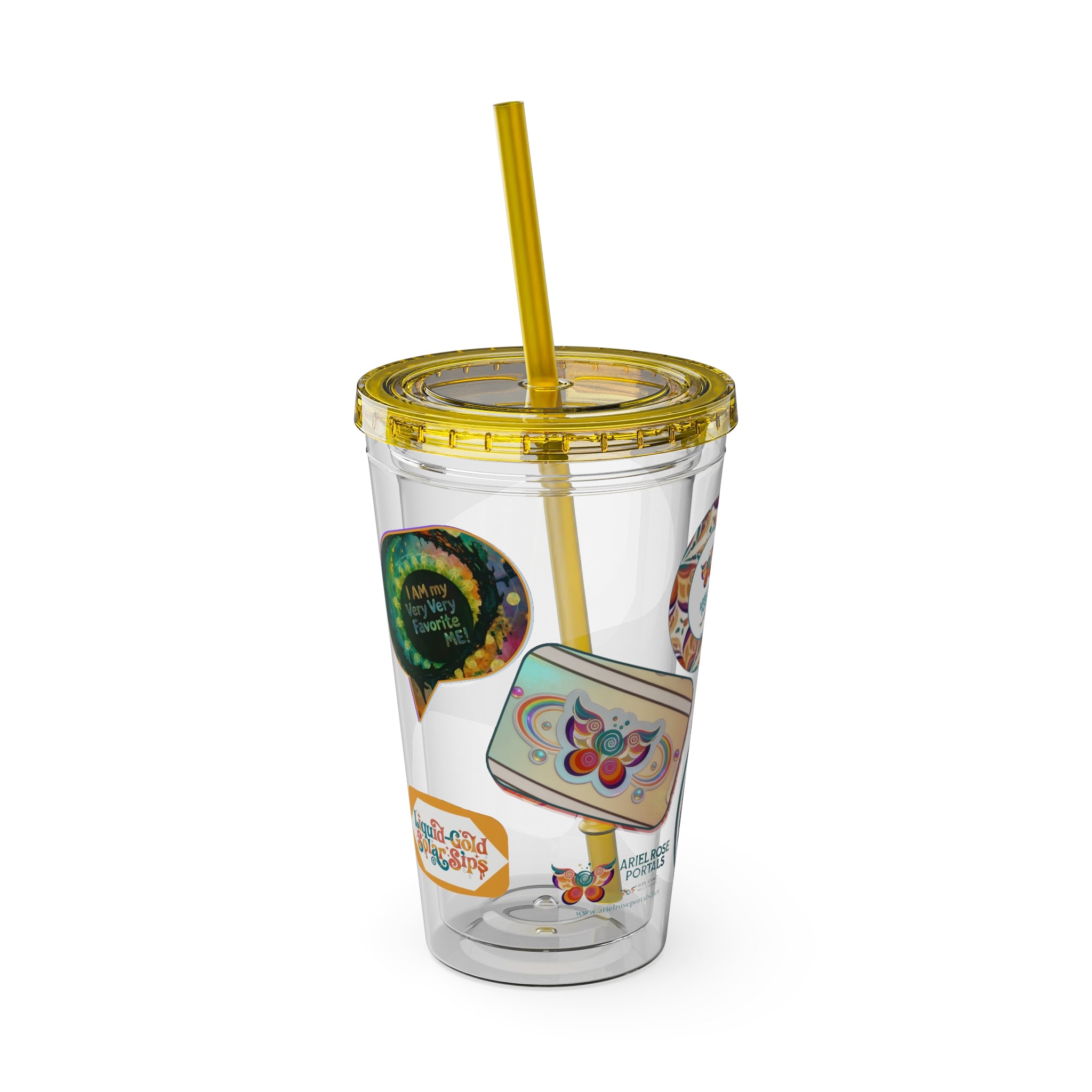 16oz Sunsplash Tumbler with Straw — Retro Butterfly Sticker Design