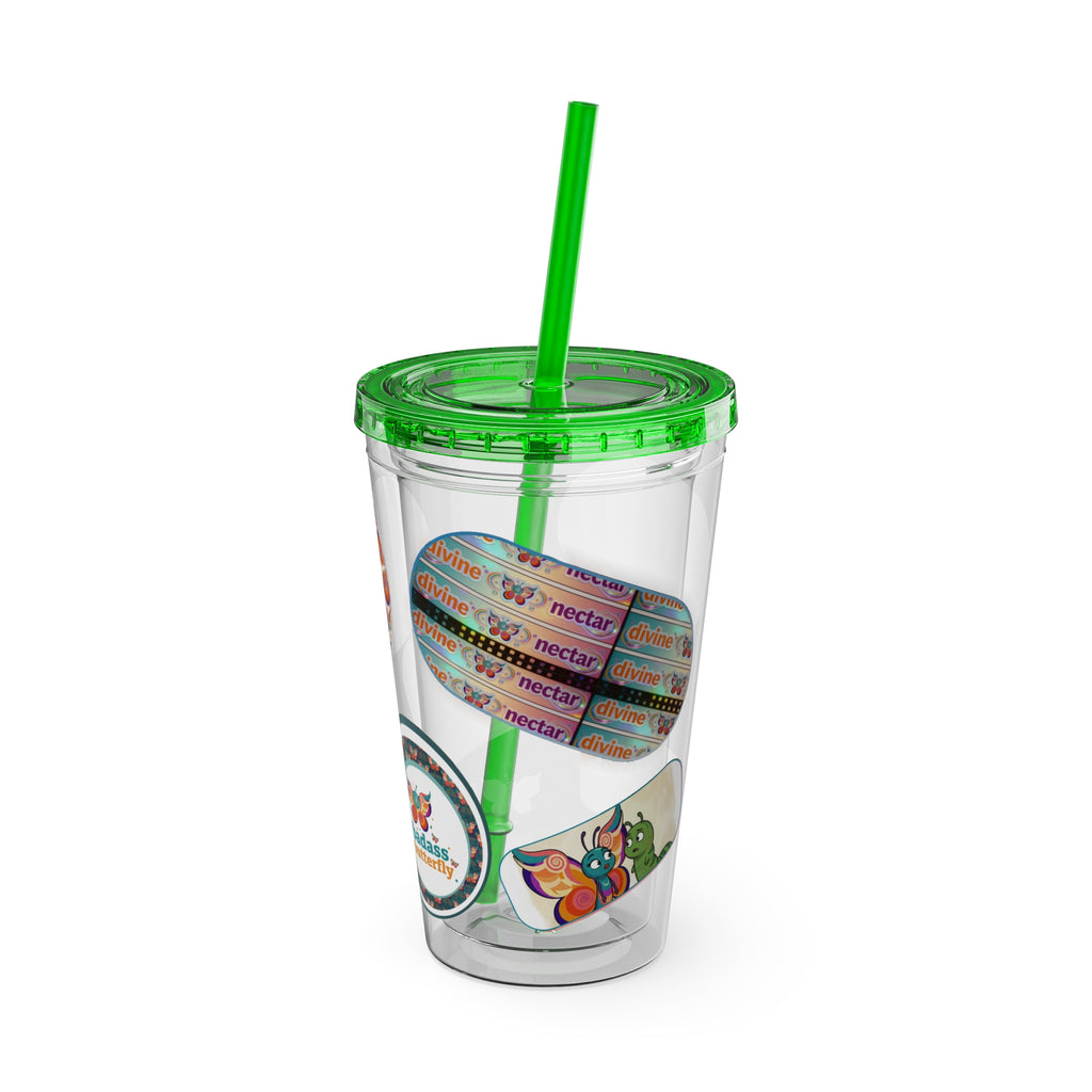 16 oz Sunsplash Tumbler with Straw — Retro Butterfly Sticker Design