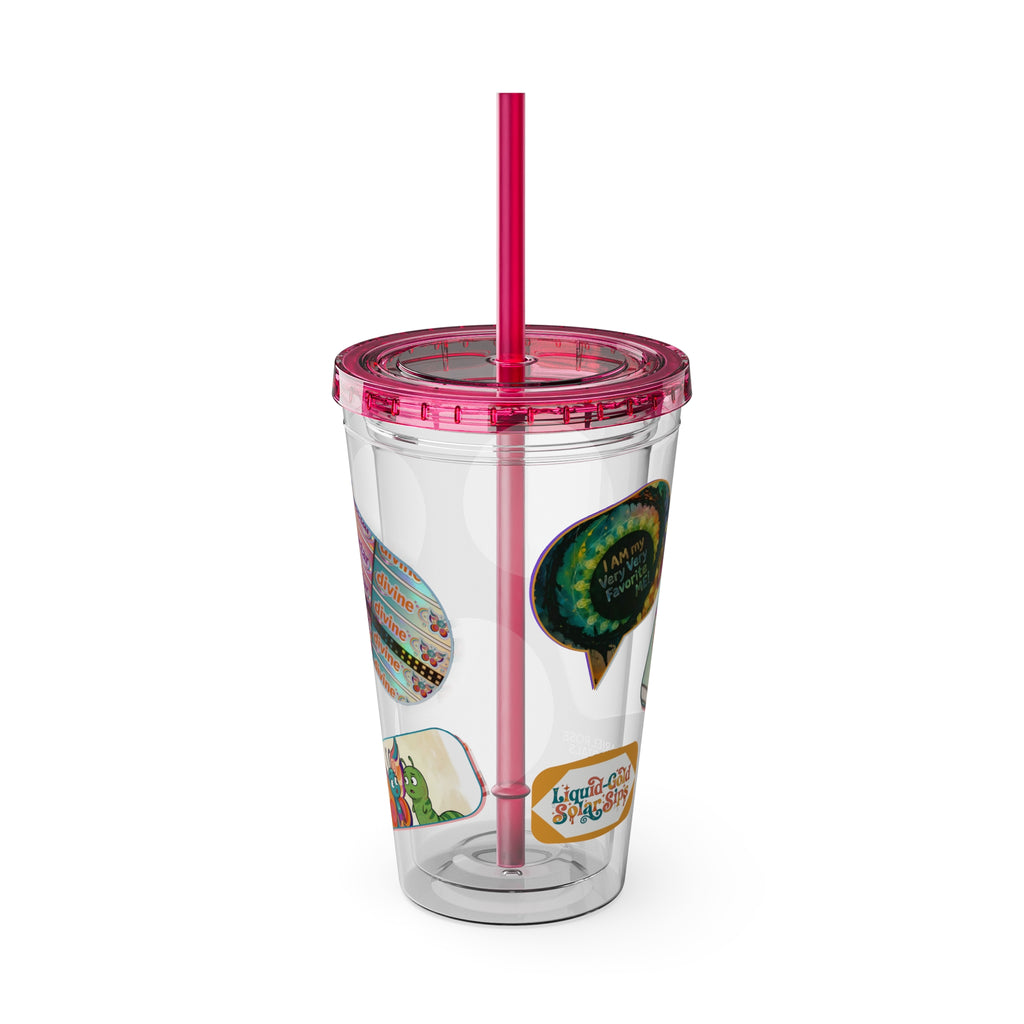 16 oz Sunsplash Tumbler with Straw — Retro Butterfly Sticker Design