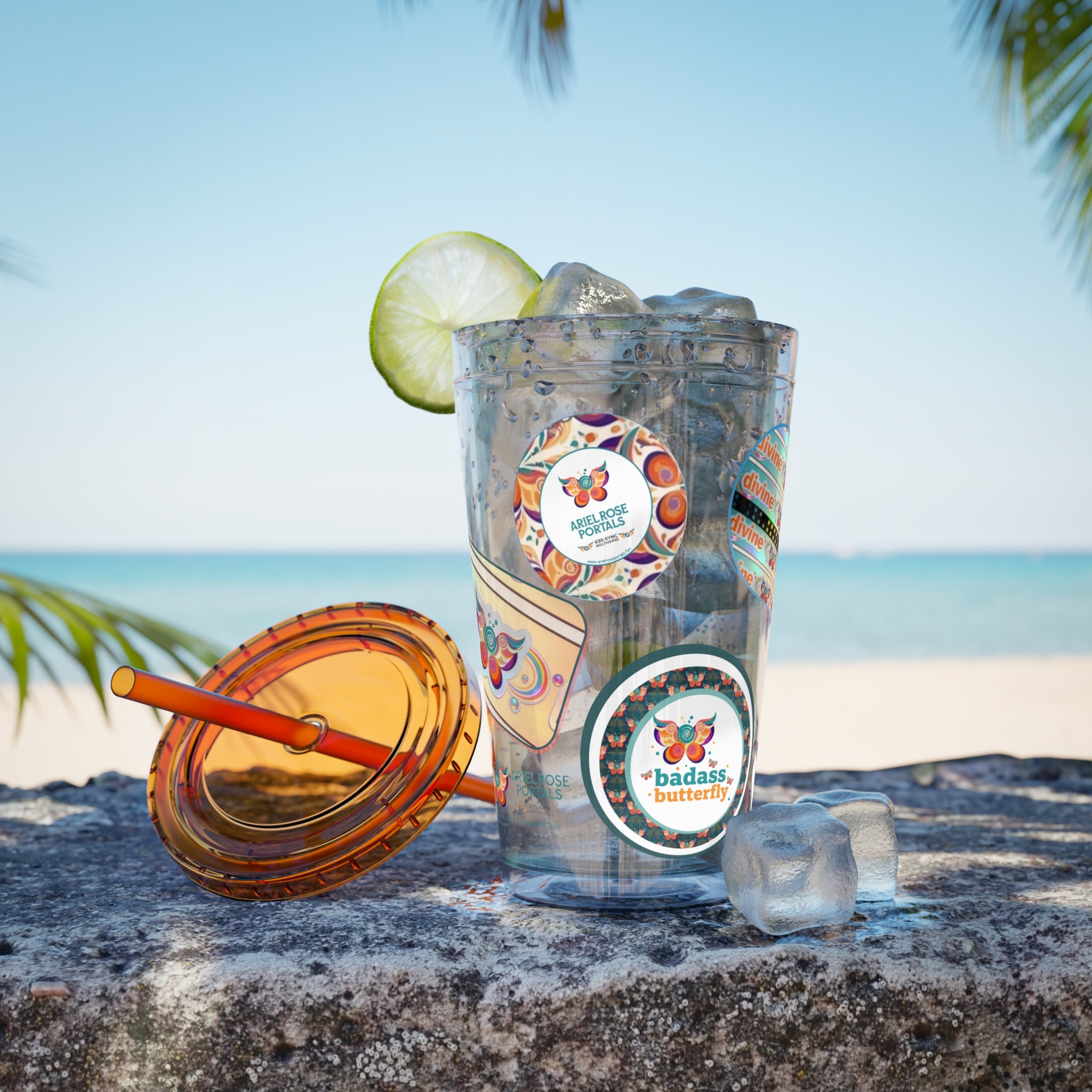 16oz Sunsplash Tumbler with Straw — Retro Butterfly Sticker Design