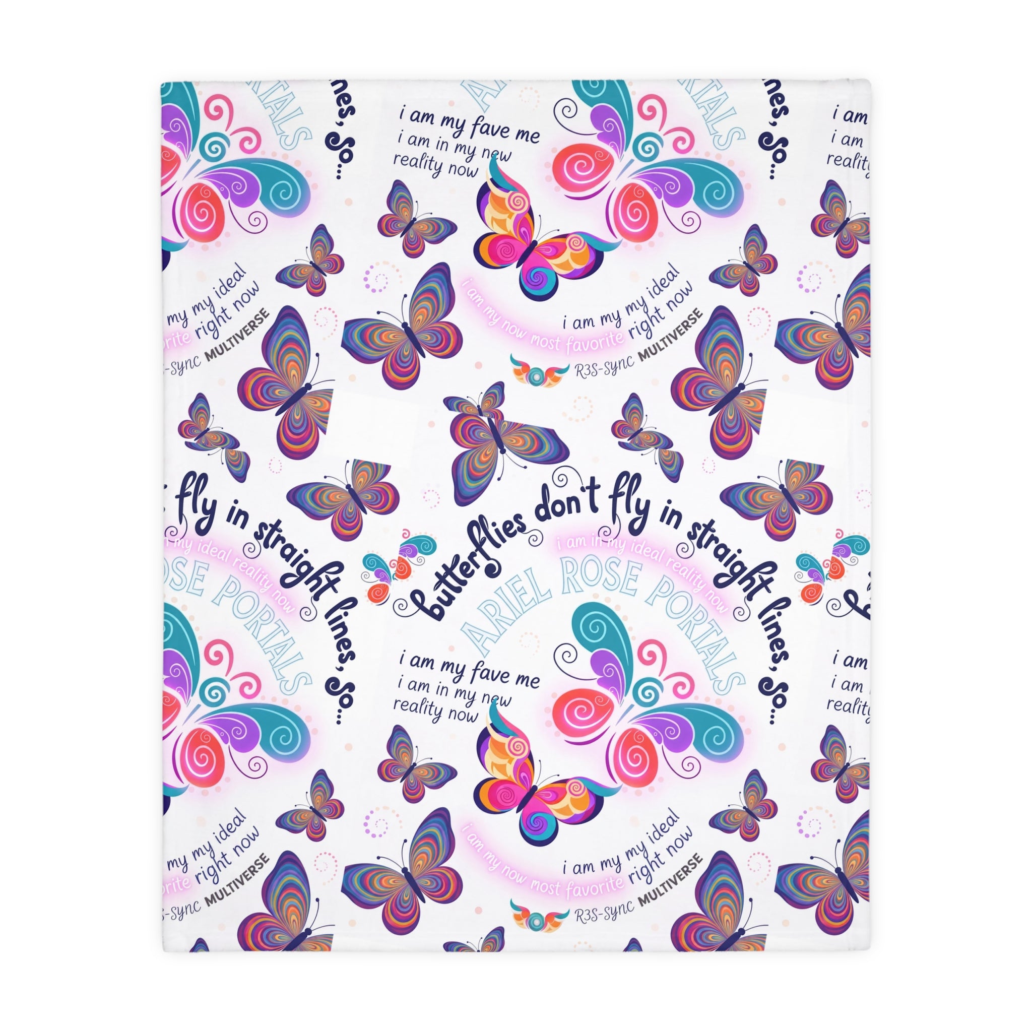 Two-Sided Velveteen R3S-Carpet Flight Path Cloak — Whimsical Butterflies & Bold Pink Collage