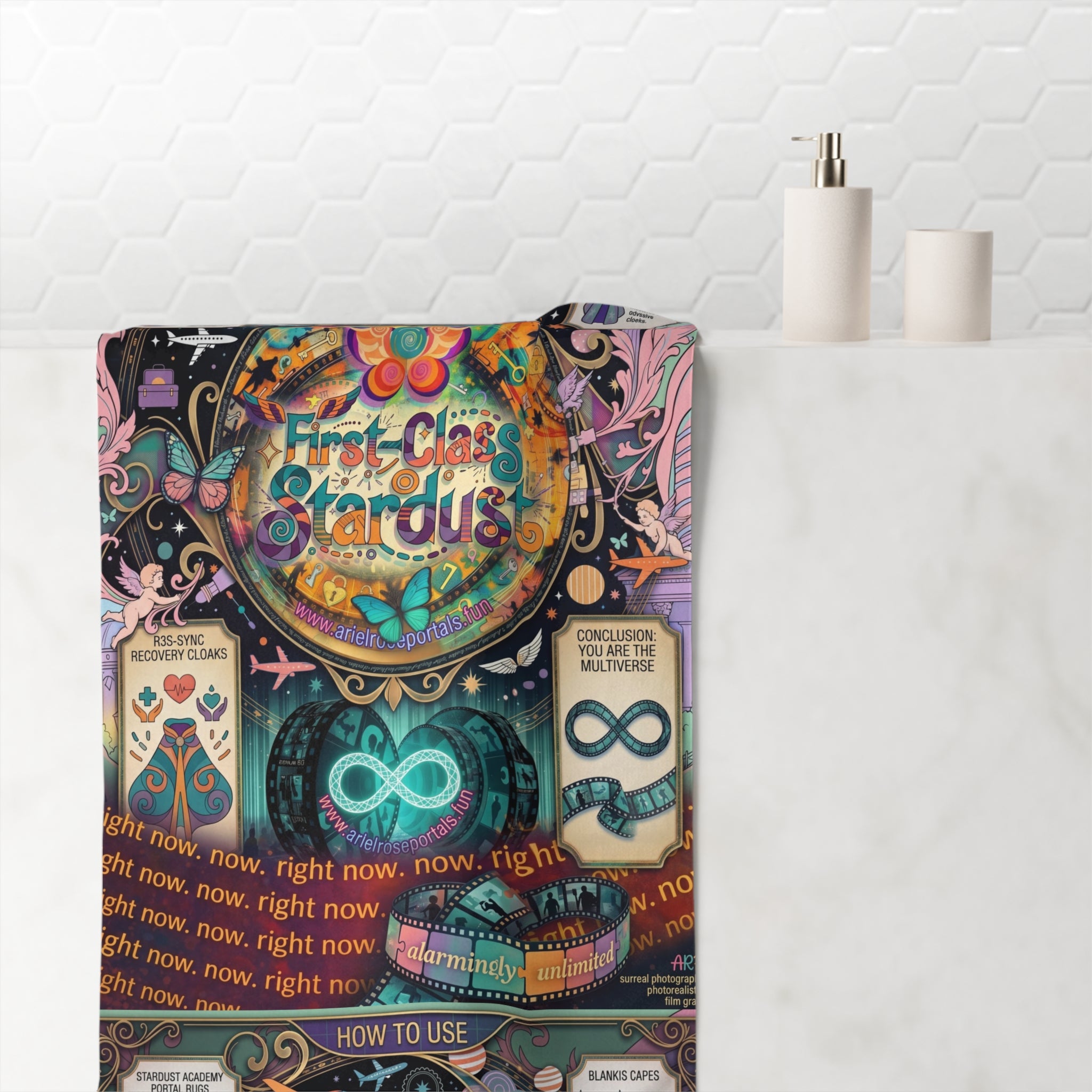 R3s-Recovery Cloak Right Now Beach Towel — Ultra-Vibrant Colorful 'First Class Stardust' Variant