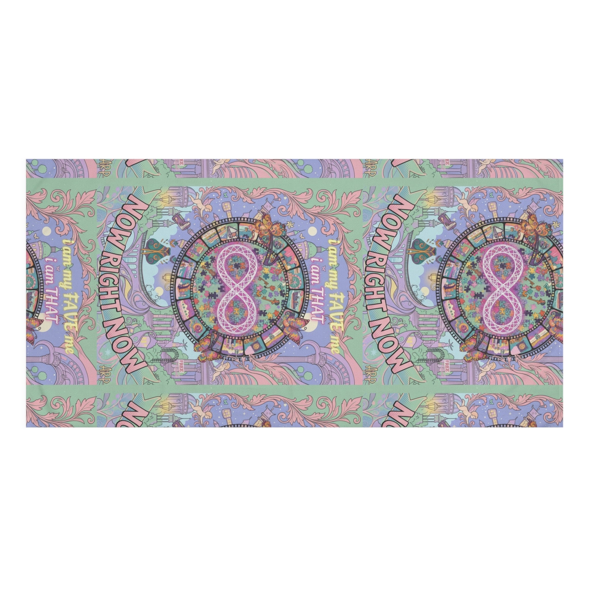 Inspirational Infinity Beach Towel — "Now Right Now" Pastel Mandala Design