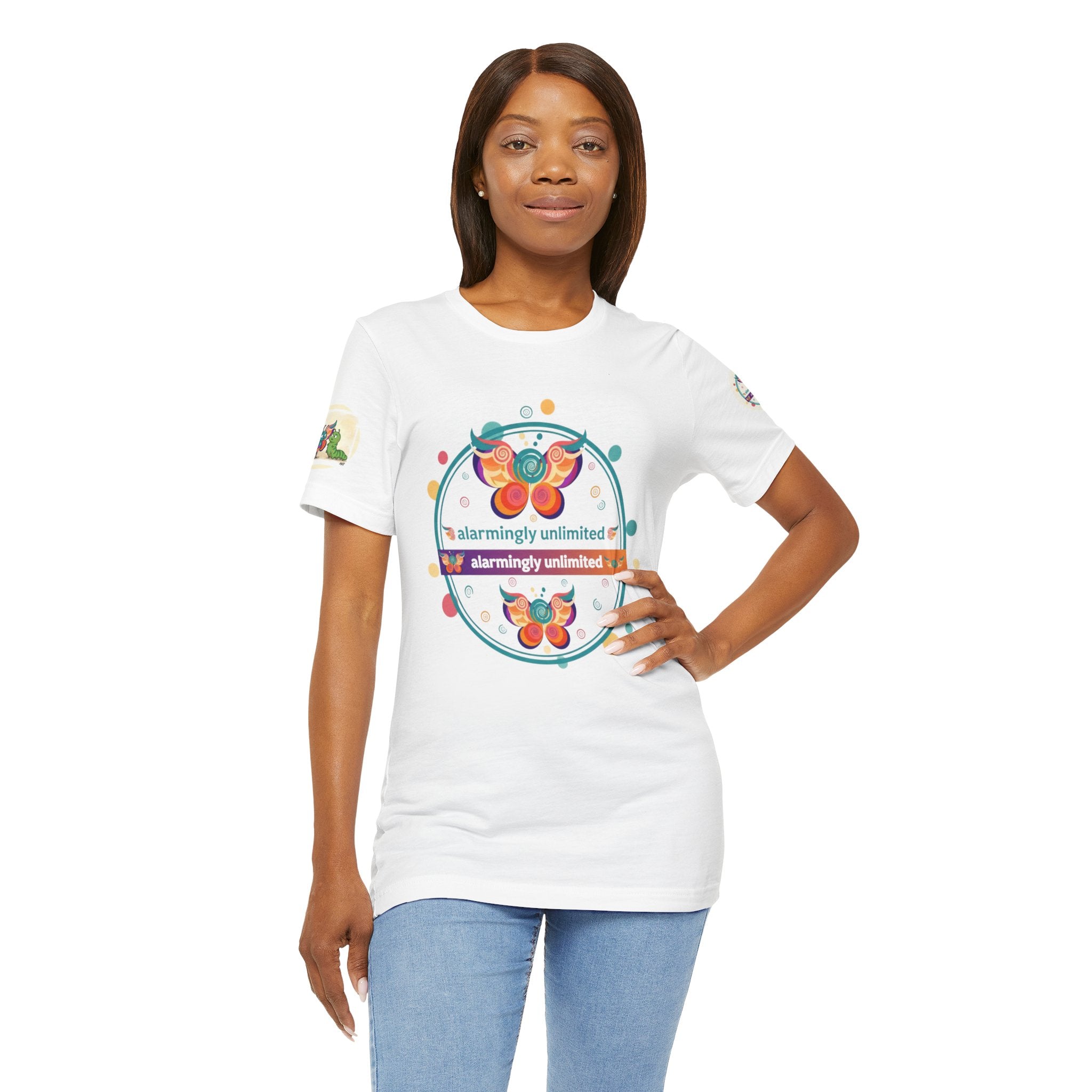 Butterfly & Caterpillar Tee — "alarmingly unlimited" Colorful Graphic T-Shirt