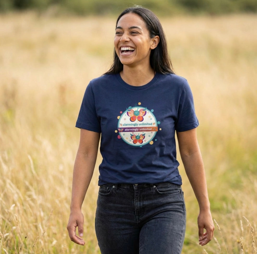 Colorful Butterfly and Caterpillar T-Shirt | whimsical Ariel Rose Parker art, 'Alarmingly Unlimited' text