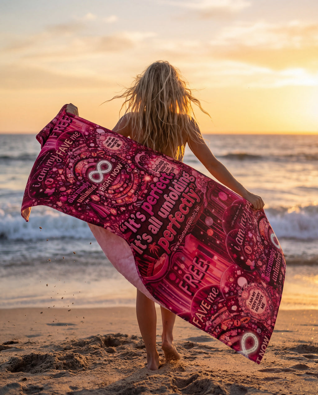 Badass Butterfly R3S-Carpet R3s-Recovery Cloak Beach Towel — "It's Perfect, It's All Unfolding Perfectly" Pink Self-Love Design