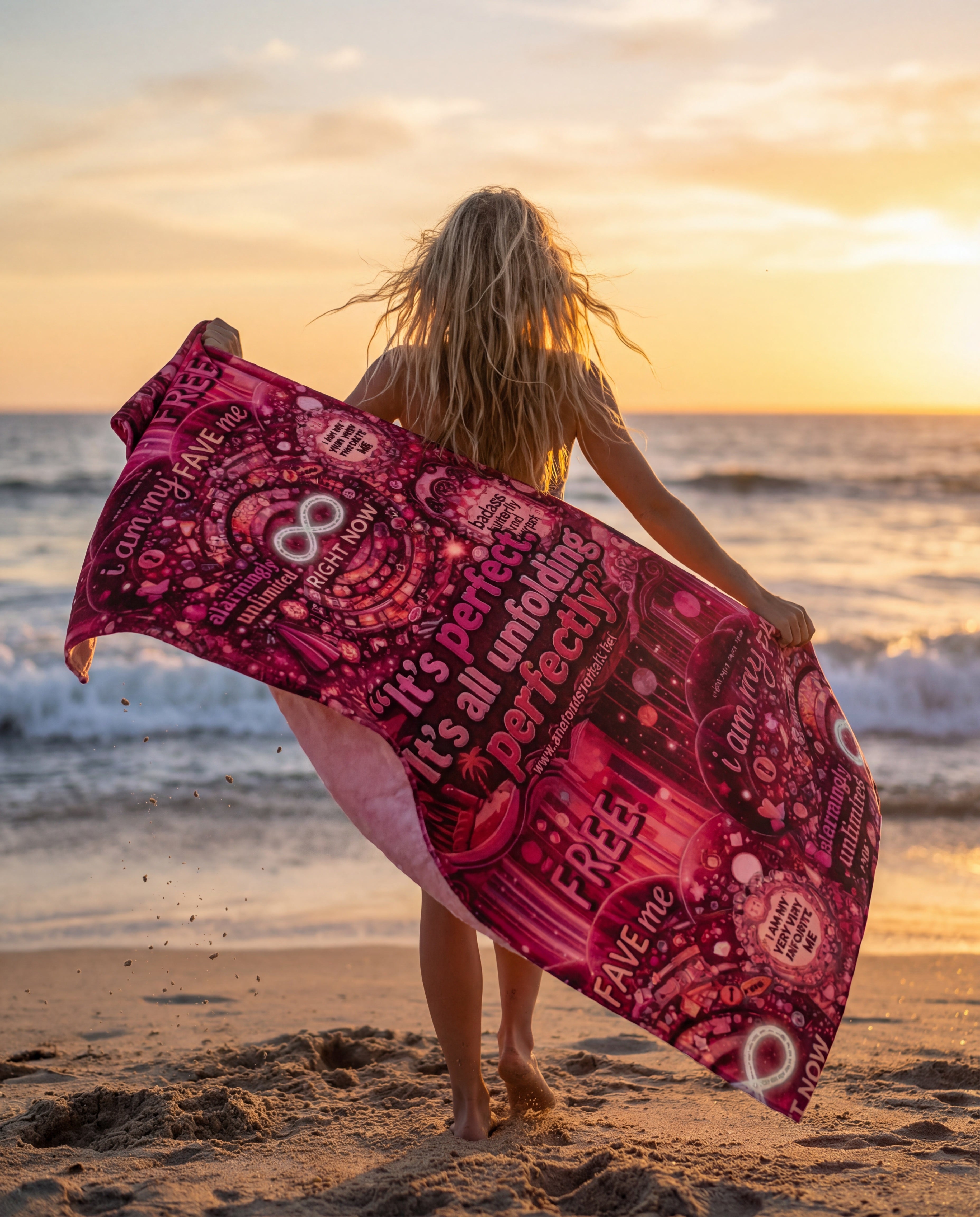 Badass Butterfly R3S-Carpet R3s-Recovery Cloak Beach Towel — "It's Perfect, It's All Unfolding Perfectly" Pink Self-Love Design