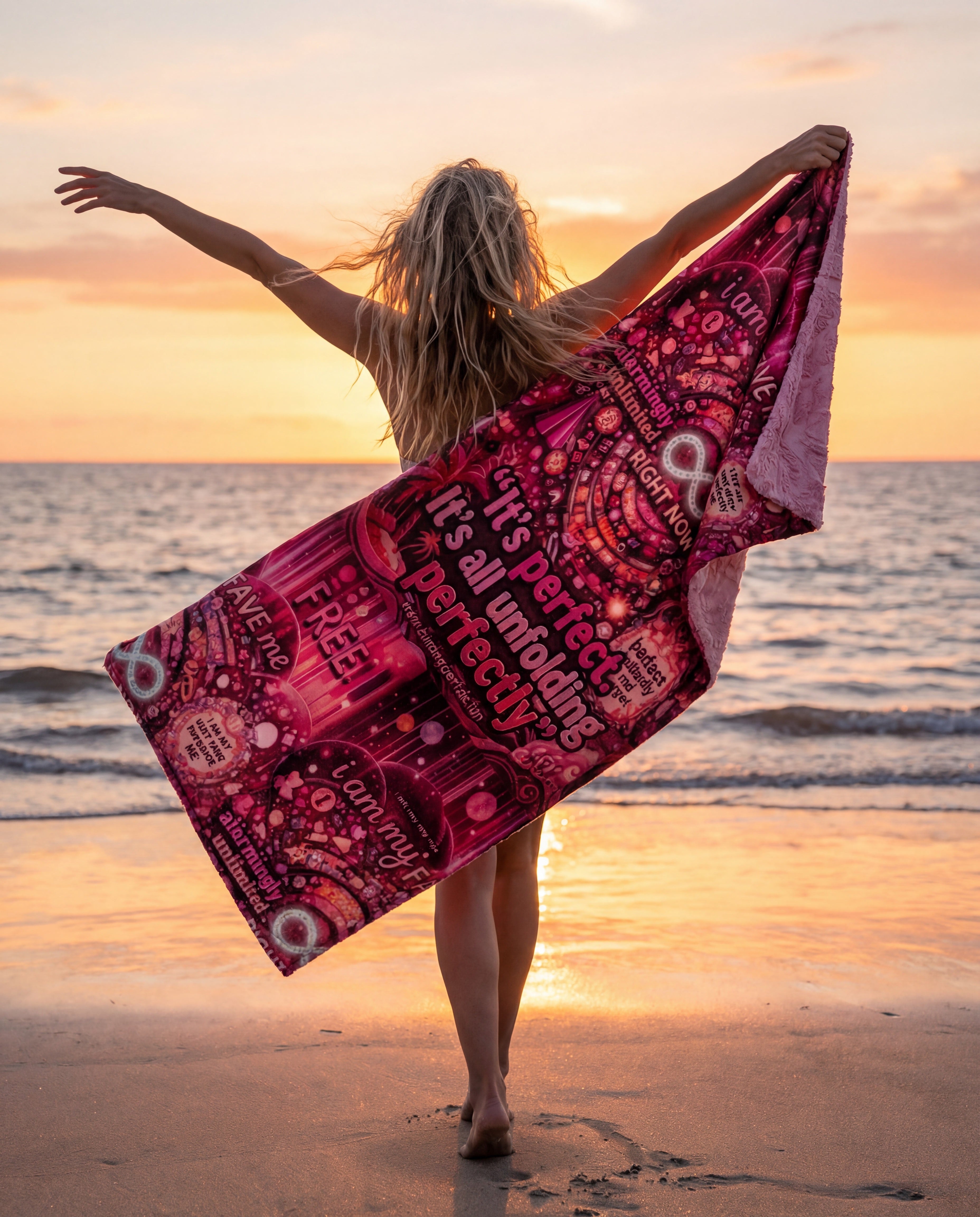 Badass Butterfly Red Carpet Beach Towel — "It's Perfect, It's All Unfolding Perfectly" Pink Self-Love Design