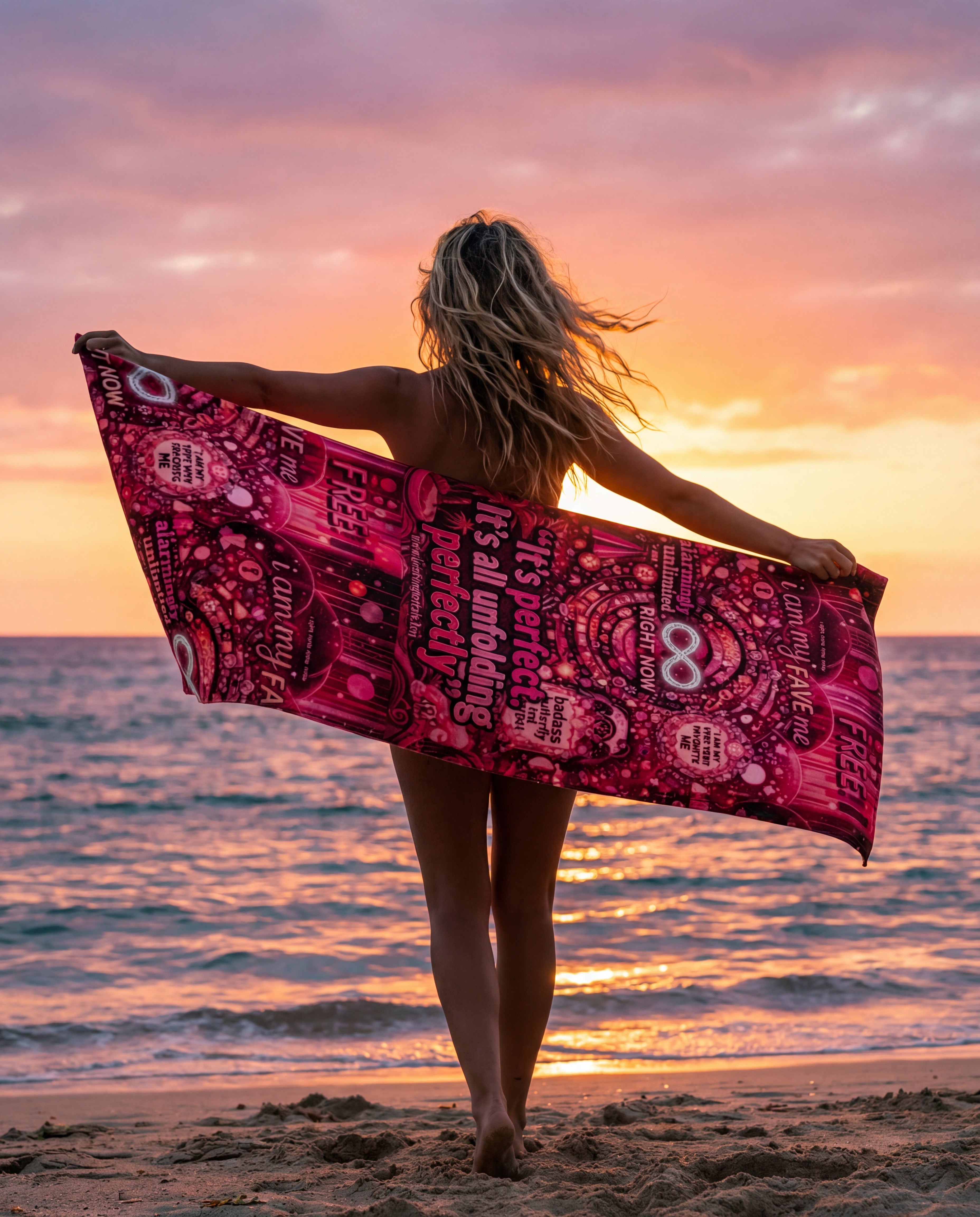 Badass Butterfly Red Carpet Beach Towel — "It's Perfect, It's All Unfolding Perfectly" Pink Self-Love Design