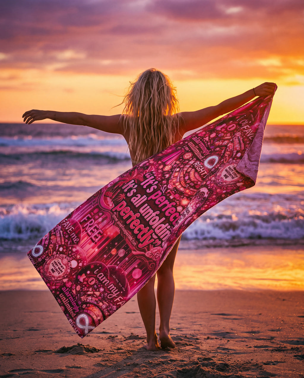 Badass Butterfly R3S-Carpet R3s-Recovery Cloak Beach Towel — "It's Perfect, It's All Unfolding Perfectly" Pink Self-Love Design