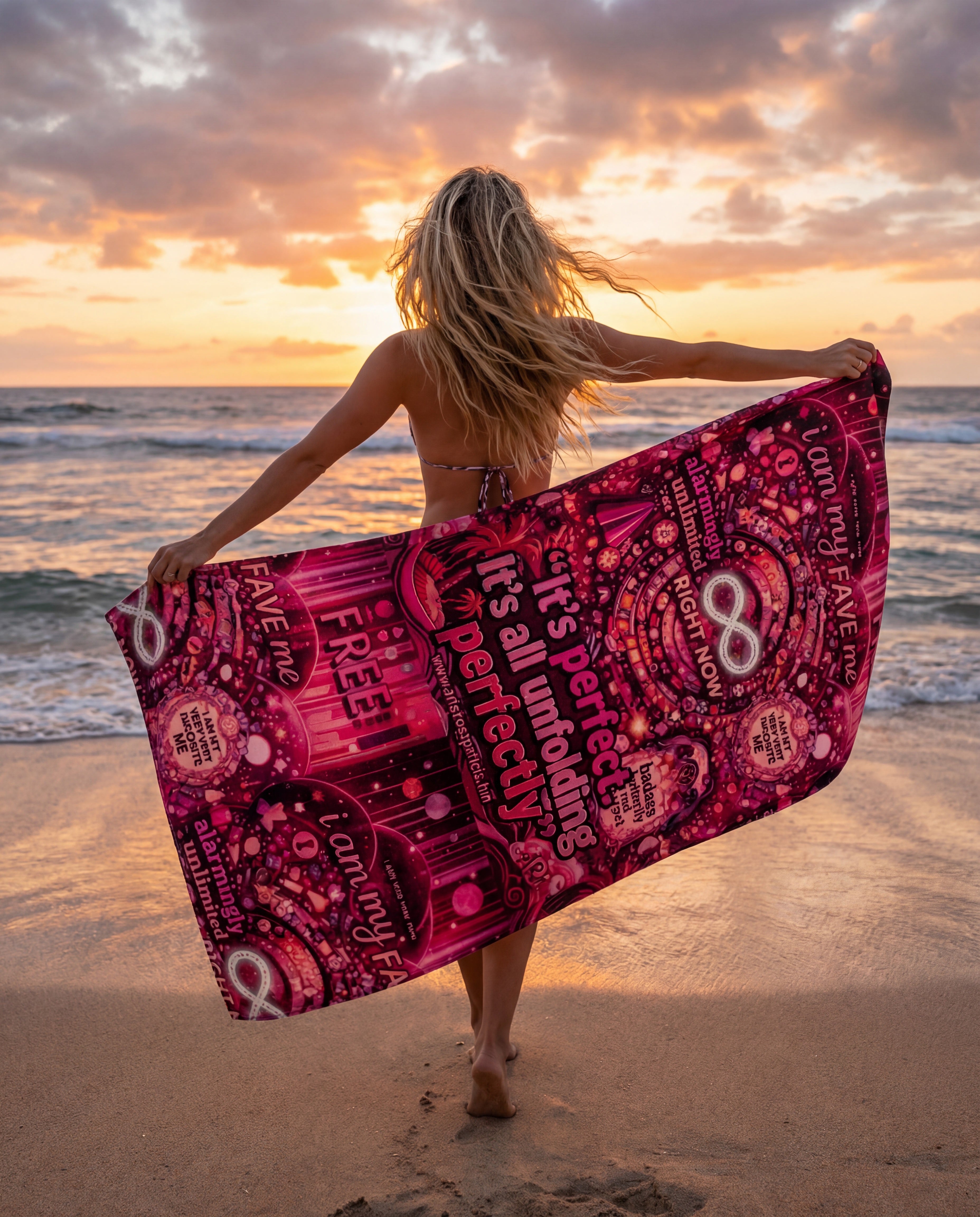 Badass Butterfly Red Carpet Beach Towel — "It's Perfect, It's All Unfolding Perfectly" Pink Self-Love Design