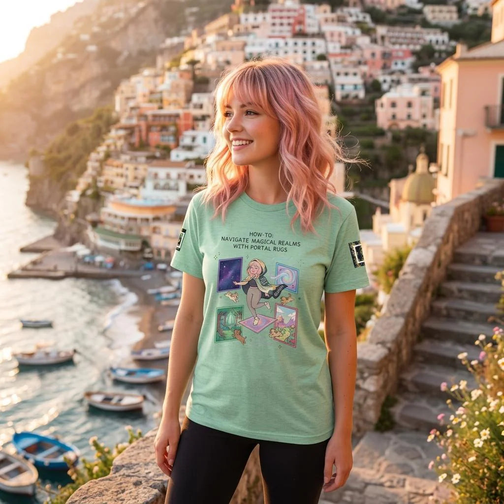 Ariel Rose Portals “How to Use Portal Rugs” Pop Art Triblend Unisex Crewneck T-shirt - Whimsical Cartoon Puppy Design