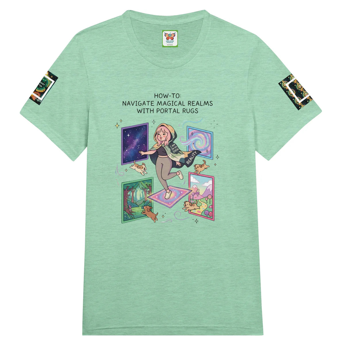 Ariel Rose Portals "How to Use Portal Rugs" Pop Art T-Shirt - Whimsical Cartoon Puppy Design