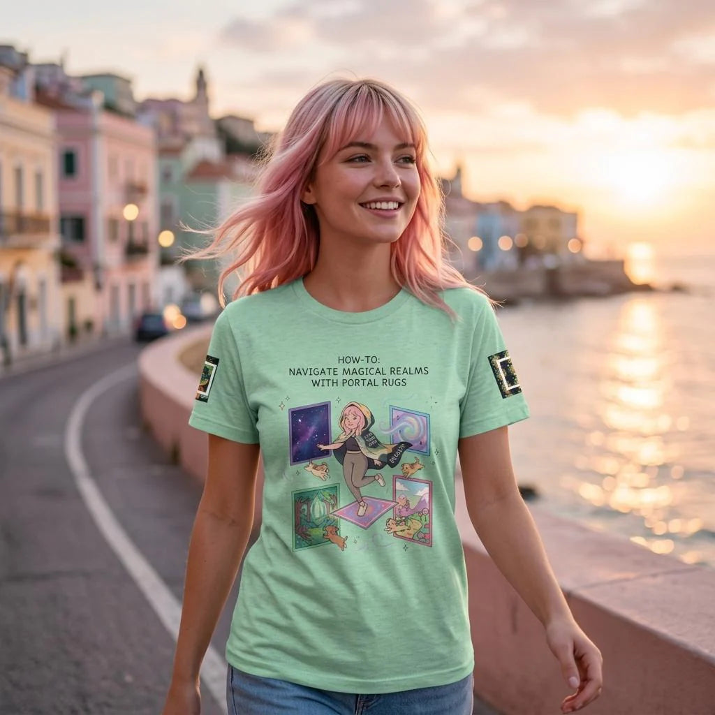 Ariel Rose Portals "How to Use Portal Rugs" Pop Art T-Shirt - Whimsical Cartoon Puppy Design